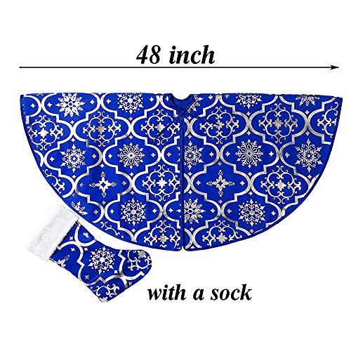 Christmas Tree Skirt, 48 inches Large Red Flannel Tree Mat with Gilded Christmas Patterns Skirt for Xmas Tree Holiday Party Decorations Indoor Outdoor with 1 Christmas Stocking (Blue)