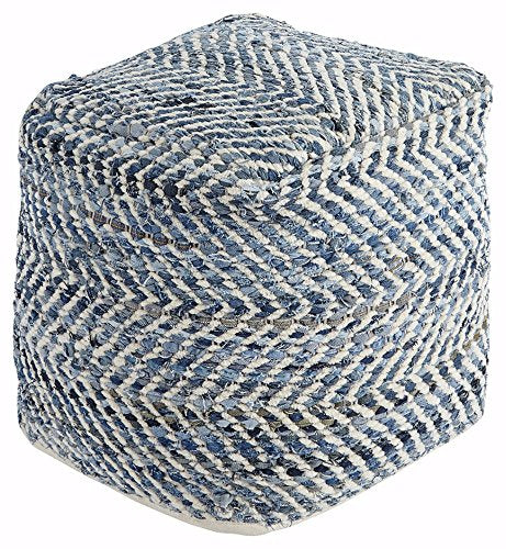 Signature Design Ashley Chevron Handmade Woven Denim Pouf and Decorative Pouf Bundle, Blue and White