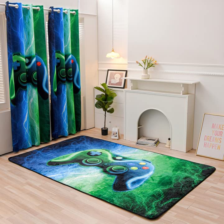 Meeting Story Gamer Gaming Area Rug Tie Dye Lightnings Gamepad Rug Games Console Action Buttons Print Carpet Indoor Floor Sofa Rugs for Kids Bedroom Living Room Game Room Decor(Blue-Green,5 * 8 Feet)