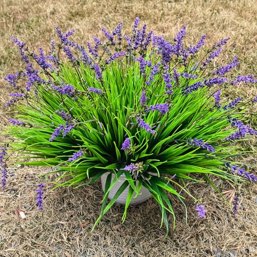 12 Bundles Artificial Grass Fake Plants，Outdoor Fake Monkey Tail Grass with Flowers for Pot UV Resistant Lavender Patio Garden Porch Home Window Hanging Planter Decor Faux Plastic Shrubs(Puper+Green)
