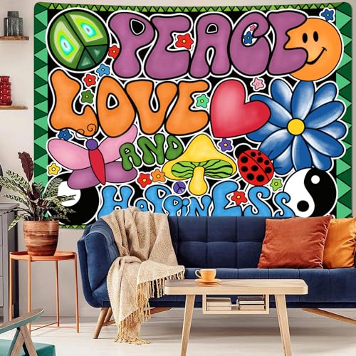 F-FUN SOUL Peace Love and Happiness Tapestry, 60x40inches Soft Flannel, 70s Theme Party Tapestries Hippie Aesthetic Tapestry Wall Hanging for Bedroom Living Room Decor GTZYFS915
