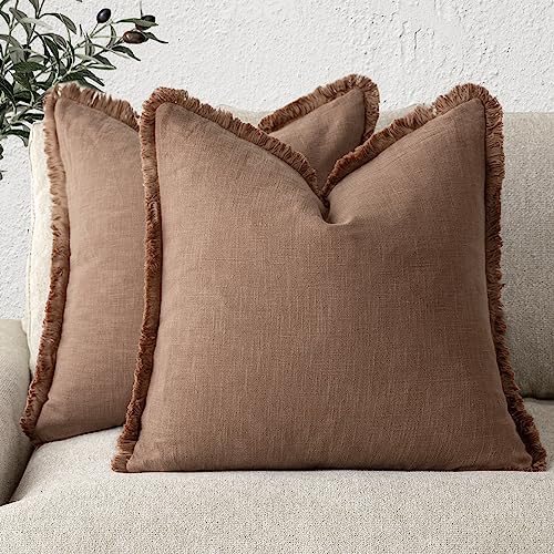 Foindtower Decorative Linen Fringe Throw Pillow Covers 22×22 Inch,Rust