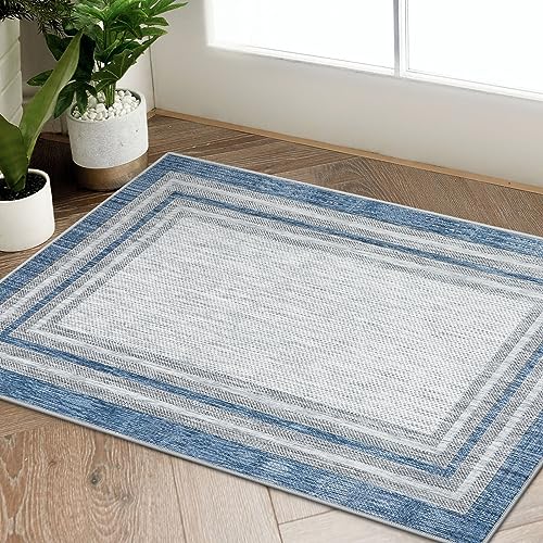 Border Blue Rugs for Entryway, Kitchen Rugs Non Slip Washable 2x3 Throw Mat with Rubber Backing, Modern Printed Small Accent Carpet for Bedroom Indoor Bathroom