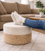 Jute Pouf Ottoman | Footrest Pouf | Hand Braided - Round Boho Pouffe - for Living Room, Bedroom, Nursery (18"x18"x12") Ivory