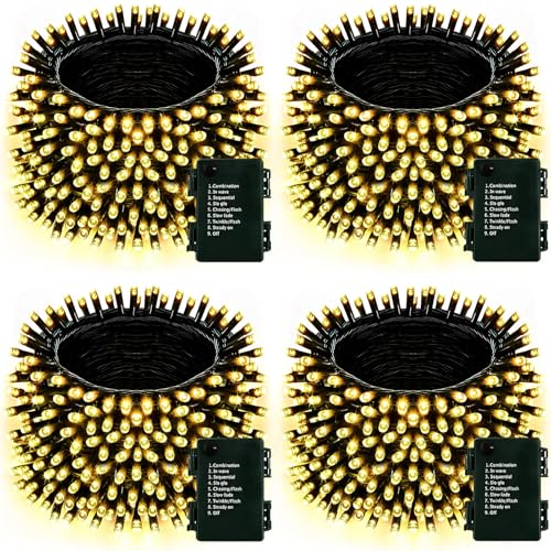 Upgraded 4Pack 160FT 400 LED Battery Operated Christmas String Lights Outdoor/Indoor, Timer & 8 Modes with Green Wire Christmas Tree Lights, Waterproof Fairy Lights for Xmas Tree Garden(Warm White)