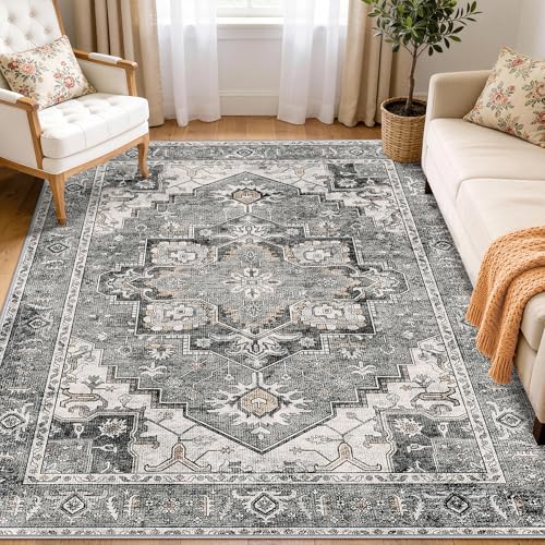 LIVELYGLOW 5x7 Retro Vintage Area Rug, Non-Slip Carpet, Gray Vintage