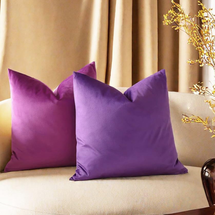 Throw Pillow Covers Set of 4 - 18x18 Velvet Sofa Pillow Covers for Living Room & Bed (Purple)