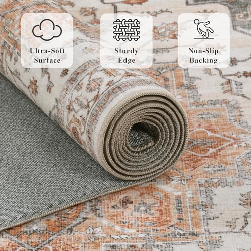 8ft Round Rug Low Pile Washable Vintage Print Rug Indoor Carpet