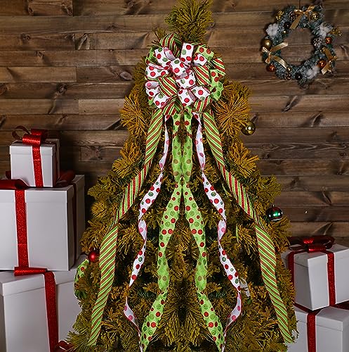 Tigeen Large Christmas Tree Bow Topper 52 x 12 Inch Red Green White Polka Dot Tree Topper Xmas Wreath Bow with Glitter Streamers for Christmas Party Indoor Outdoor Decoration Favor Supplies