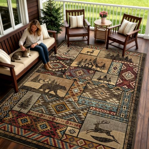 Rustic Cabin Area Rug 8x10,Western Rugs for Living Room Bedroom,Brown Rug