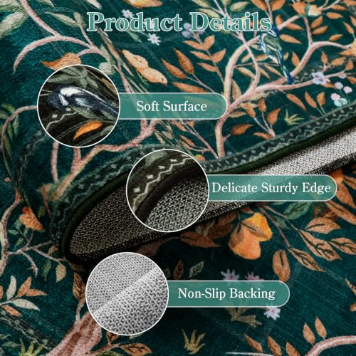 Boho Floral Rug Runners for Hallways Non Slip, Flower 2.5x8 Kitchen Runner Rug Washable, Soft Botanical Indoor Carpet Floor Runner for Entrance Bedroom Bedside, Dark Green