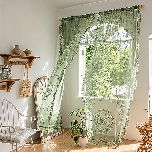 Sutuo Home Olive Green Lace Sheer Curtains 84 Inches Long for Bedroom Living Room Nursery,Rose Floral Embroidery Ruffled Vintage Chic Window Treatment Privacy Drapes, Rod Pocket,W57 x L84, 2 Panels