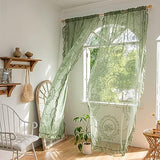 Sutuo Home Olive Green Lace Sheer Curtains 84 Inches Long for Bedroom Living Room Nursery,Rose Floral Embroidery Ruffled Vintage Chic Window Treatment Privacy Drapes, Rod Pocket,W57 x L84, 2 Panels
