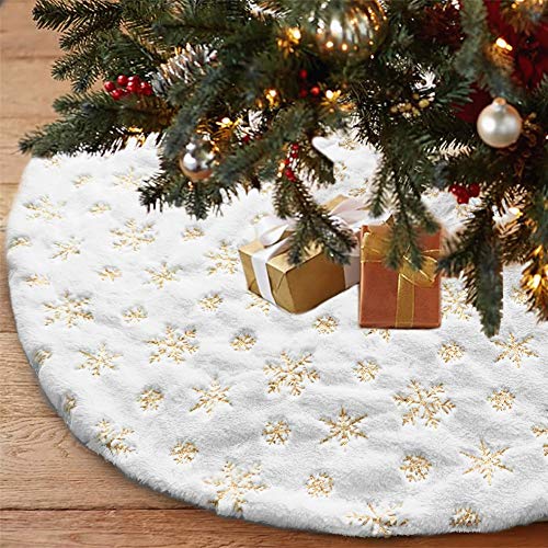 LOMOHOO Christmas Tree Skirt Large White&Gold Luxury Faux Fur with Snowflakes Tree Skirt Christmas Decorations Plush Tree Skirts Xmas Ornaments (36 inches/90cm)