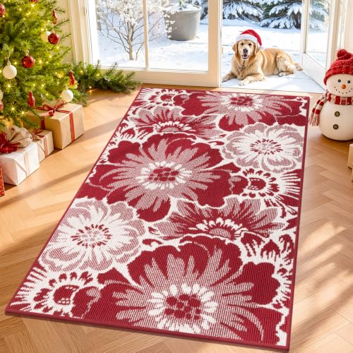 Findosom Christmas Area Rug 3x5, High-Low Textured Floral Entryway Rug Red