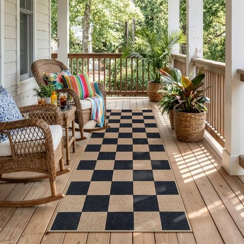 Lahome Checkered Easy Jute Outdoor Runner Rug, 2x6 Kitchen Rugs Washable