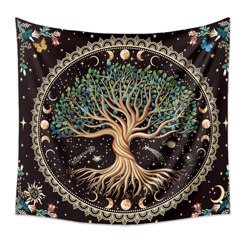 Moon Phase Tree of Life Tapestry Nature Flower Plant Butterfly Tapestries Boho Mandala Spiritual Tapestry Aesthetic Wall Hanging for Home Decor Bedroom Living Room Dorm Decor (35.44" x 47.25", Blue)