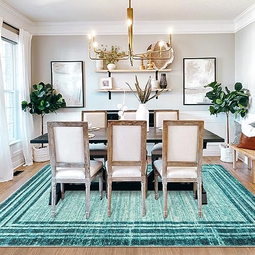 Lahome Amabel Abstract Teal 8x10 Area Rugs for Living Room, Washable Modern Bedroom Rug 8x10 Stain Resistant, Low-Pile Soft Minimalist Bordered Large Indoor Carpet for Office Dining Room
