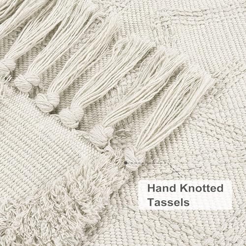 Uphome Boho Bathroom Rug 2' x 3', Washable Small Farmhouse Bedroom Rugs with Tassels, Beige Geometric Bath Mats for Home Decor, Cotton Woven Moroccan Tufted Throw Rug for Entryway Front Door Kitchen