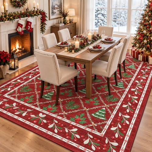 Red Christmas Rug 5x7 for Living Room, Bedroom, Playroom, Nursery Room Machine Washable Low Pile with Non-Slip Backing Christmas Decor for Home (Xmas Red)