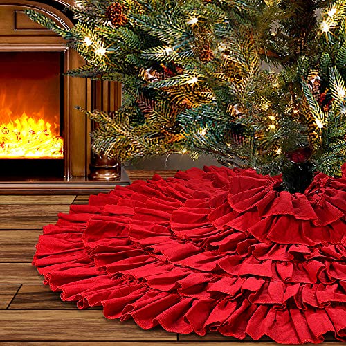 yuboo Large Red Ruffle Tree Skirt 48", Rustic Farmhouse Wedding Decorations, Tiered Fluffy Tree Skirt for Engagement Party & Mother Day Holiday Decor