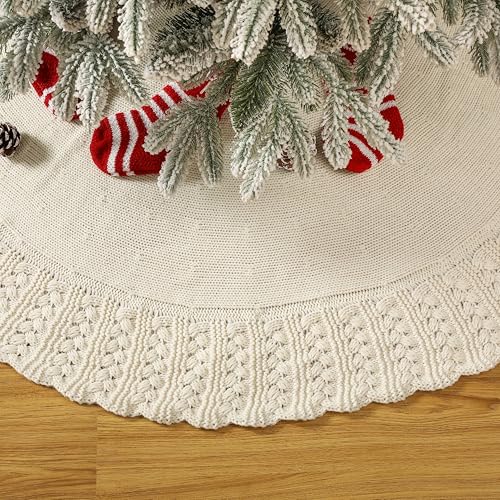 Ivory Knitted Christmas Tree Skirt, Cozy Cable Knit Design with Scalloped Edge and Ties, Rustic Farmhouse Holiday Décor for Christmas Tree Base(Ivory, 36")