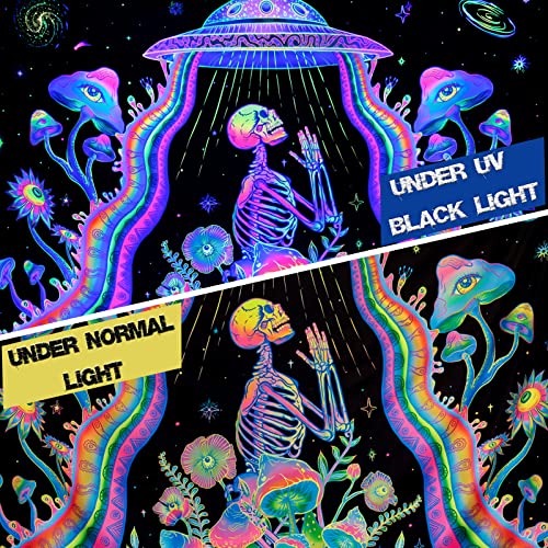 Galoker Blacklight Skeleton Tapestry Fantasy Plant Floral Tapestries UV Reactive Alien UFO Tapestry Galaxy Space Tapestries Wall Hanging for Home Decor(H51.2×W59.1 inches)