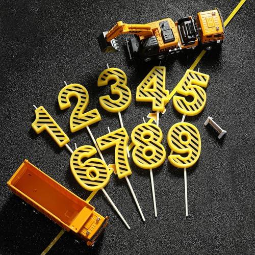 PHD CAKE 2.76 Inch Number 3 Construction Birthday Candles, Yellow and White Stripes Number Candles, Cake Number Candles, Party Celebration, Style Candle