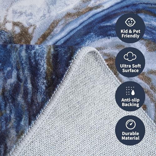 PADOOR Abstract 3'x5' Area Rug, Washable Non-Slip Low Pile, Marble Blue