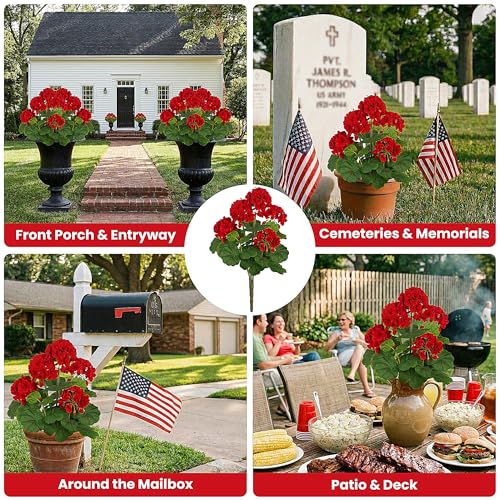 FOREST PRINCE 2 PCS 18" Artificial Geraniums for Outdoors, UV Resistant Red Silk Flowers for Window Box Porch Patio Garden Decor, Waterproof Ruby Red