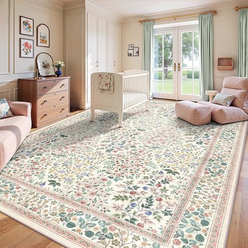 9x12 Area Rugs, Machine Washable Low Pile Floral Rugs for Living Room, Bedroom, Large Boho Area Rug with Non-Slip Backing for Dining Room(Pink Floral)