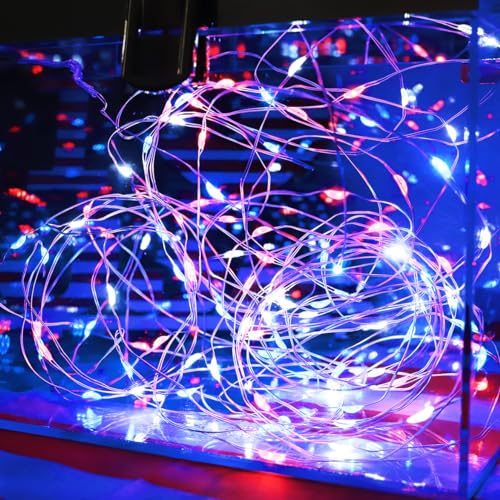 Curyidy 4th of July Decorations Lights, Red White Blue Fairy Lights 2 Pack 100LED String Lights Remote Control Patriotic Lights for Independence Memorial Day Decorations