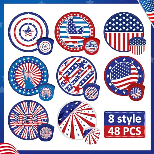 Gejoy 48 Pcs Independence Day Foldable Fan 4th of July Red White and Blue Handheld Round Patriotic Folding Flying Disc for Daily Use Festival Wedding Party Favors Decorations Portable, 8 Style