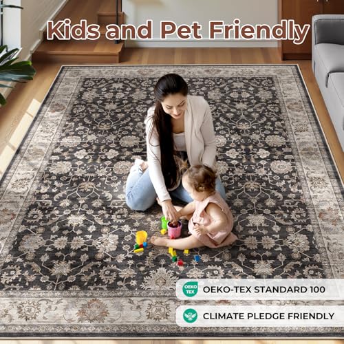Washable Area Rug 10x14 Non-Slip Floral Boho Dining Carpet, Black
