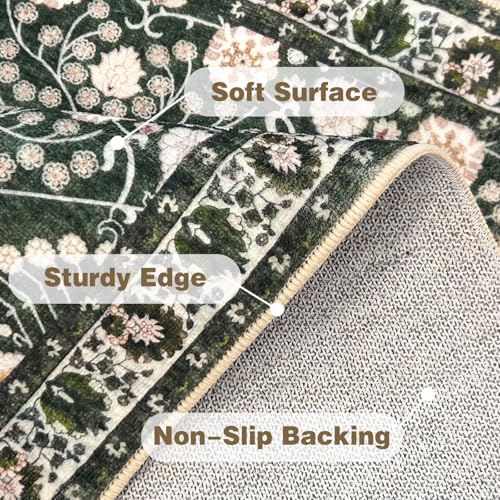 3x5 Rug Machine Washable Rugs：Boho Area Rugs Floral Rug for Living Room,TPR 3x5 Non Slip Dark Green Rugs for Under Table Carpet for Laundry Room Kids Room Dining Room