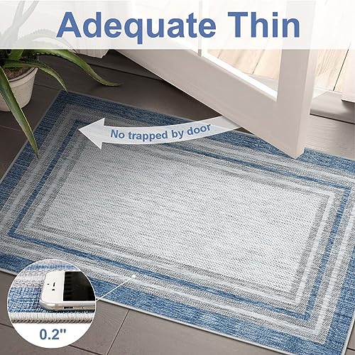 Border Blue Rugs for Entryway, Kitchen Rugs Non Slip Washable 2x3 Throw Mat with Rubber Backing, Modern Printed Small Accent Carpet for Bedroom Indoor Bathroom