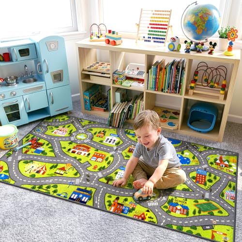 STARUIA Kids Rug Play Mat, 60"x32" Ultra Non-Slip Car Rug for Toddlers, Educational City Road Carpet Car Mat for Kids, Washable Car Kid Rugs for Bedroom Playroom Boys Room Nursery
