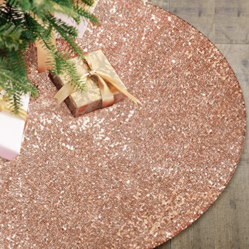 yuboo Rose Gold Summertree Skirt, 48 Inch Sequin Glitter Pink Tree Skirt Mat for Party Wedding Birthday Decor Decorations for the Home