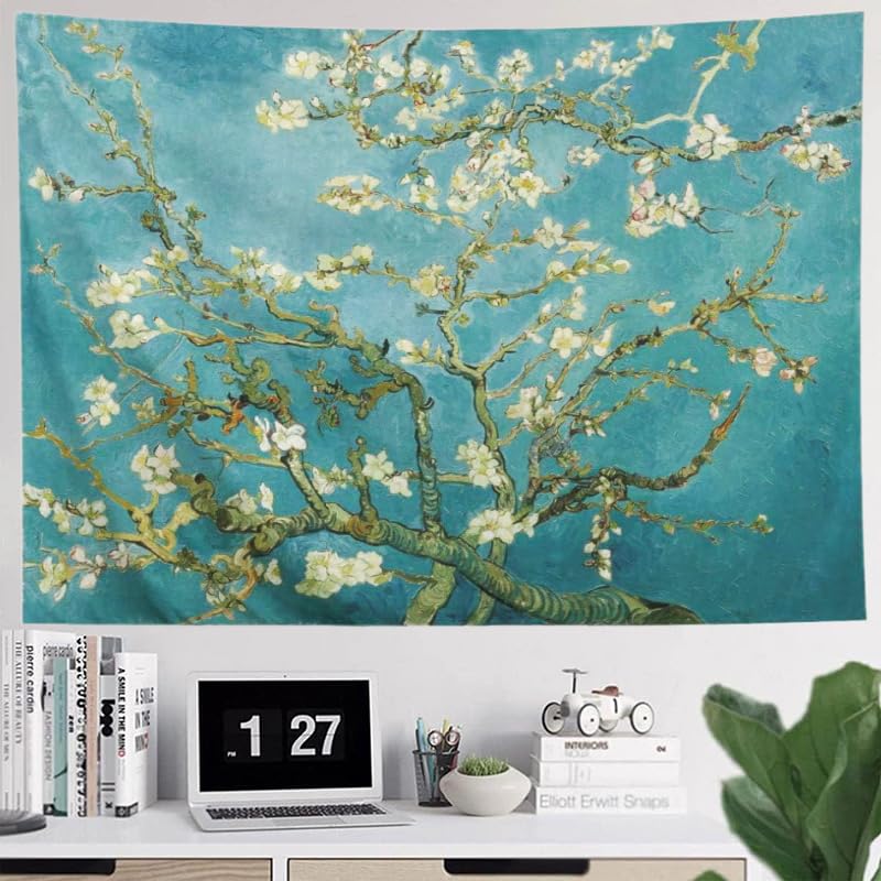 IcosaMro V. Gogh Tapestry Wall Hanging Almond Blossoms Nature Floral Wall Art [Double-Folded Hems] Rustic Wall Home Decor for Bedroom, Dorm, College, Living Room, 60x82.7 Inches, Green