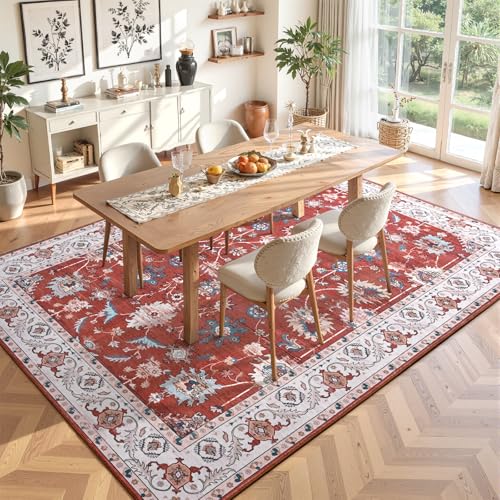 5x7 Area Rugs for Living Room, Washable Rug Vintage Floral, Red