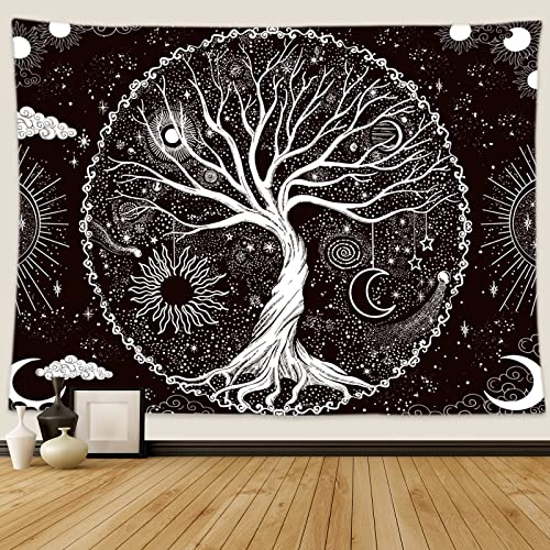 Wonrizon Tree of Life Tapestry,Black and White Galaxy Space Tapestries Aesthetic Psychedelic Wall Hanging decor for Living Room Bedroom (51.2" x 59.1")