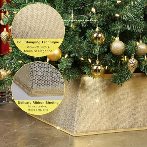 Blissun Fabric Christmas Tree Collar, Square Shiny Tree Ring, Willow Christmas Tree Skirt for Christmas Tree Decorations (Shiny Gold)