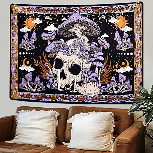 Uspring Mushroom Skull Wall Tapestry - Skeleton Leaves Hippie Large Purple for Bedroom, Wall Hanging (59.1 x 82.7 inches)