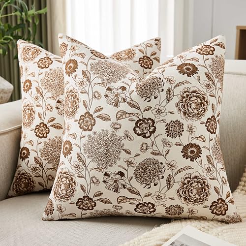 Botanical Throw Pillow Covers Set of 2, 20x20 Inch Brown