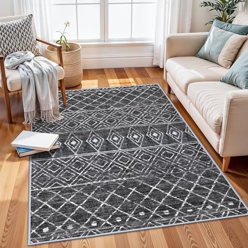 3x5 Washable Moroccan Area Rug: Ultra Soft Low Pile Non Slip Rugs Black