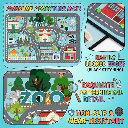 Car Rug Play Mat - Road Rug for Kids Boys Room, Fun Race Track Traffic Road Carpet for Boys Playmat Educational Learn, Car Carpet for Kids Room Decor Playmat Bedroom Playroom, 2.5x4 Feet