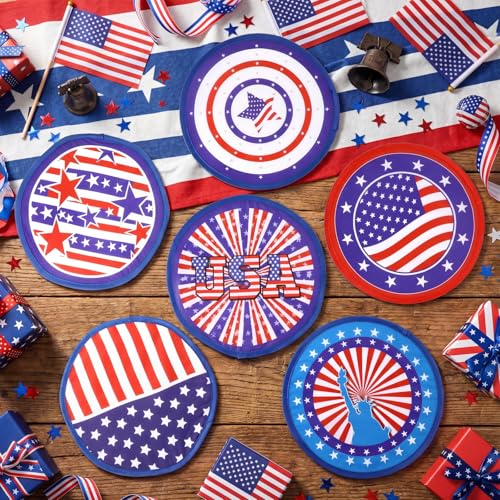 Gejoy 48 Pcs Independence Day Foldable Fan 4th of July Red White and Blue Handheld Round Patriotic Folding Flying Disc for Daily Use Festival Wedding Party Favors Decorations Portable, 8 Style