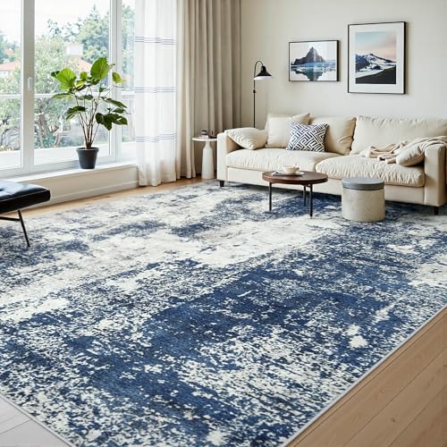 9x12 Area Rugs for Living Room Large Washable Abstract Blue Carpets