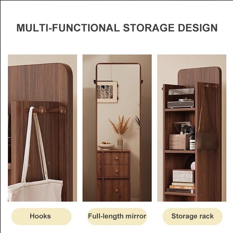 360° Rotating Full-Length Mirror with 4-Tier Bookcase, 3-in-1 Floor Dressing Mirror, Coat Rack & Magazine Holder for Bedroom, Living Room, Study Room Decor