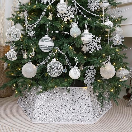 White Christmas Tree Collar with Sparkling Sequins,Christmas Tree Collars for Atificial Trees, 33.5 Inch Christmas Tree Skirt, Xmas Tree Stand Base Cover,Holiday Home Decor Tree Ring(Large)
